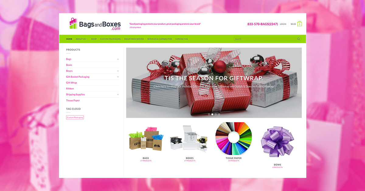 Smalling Studios designed the e-commerce WordPress website for Bags and Boxes. The responsive website was built using the Flatsome theme.